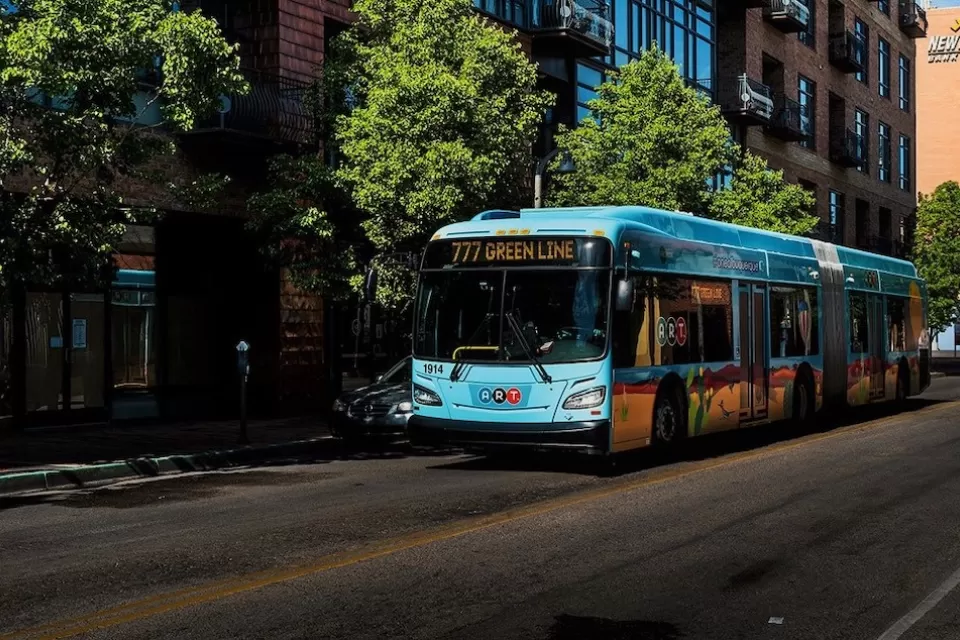 Blue bus in downtown Albuquerque, New Mexico.